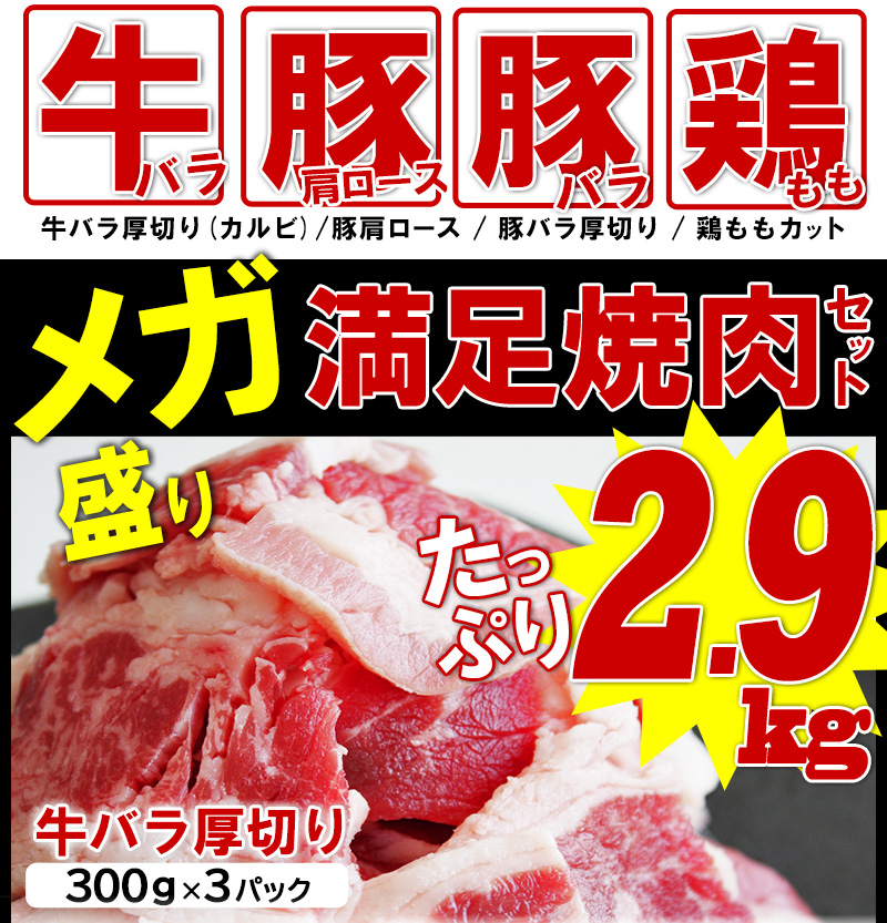 メガ満足焼肉セット 2.9kg 内容詳細1：牛バラ厚切りの大容量セット案内